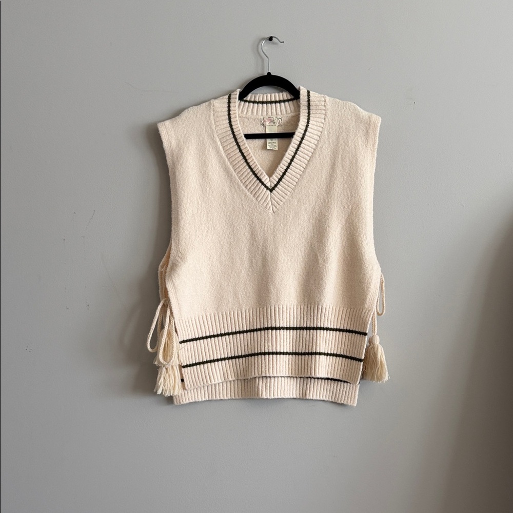 Free People Cream V-Neck Knit Sweater Vest with Contrast Stripes